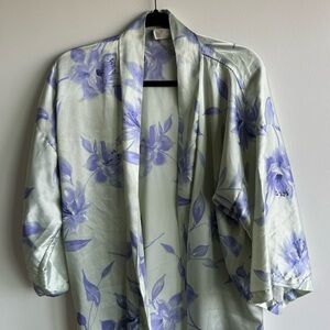 California Dynasty Green Purple Floral Silky Tunic Robe Kimono
